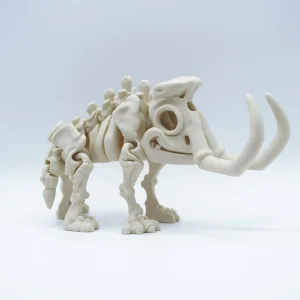 Mammuthus esqueleto articulado impreso en 3D en PLA+ color hueso, colmillos curvos