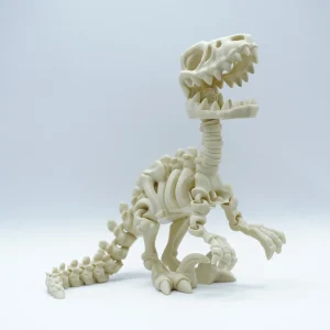 Velociraptor esqueleto articulado impreso en 3D en PLA+ color hueso, con garra en hoz y cola segmentada