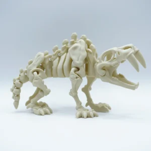 Smilodon esqueleto articulado impreso en 3D en PLA+ color hueso, dientes de sable