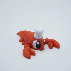 Langosta Chef articulada impresa en 3D en PLA+ roja, con sombrero de cocinero blanco