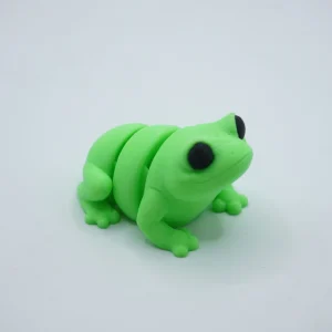 Rana articulada impresa en 3D en PLA+ verde, cuerpo segmentado tipo flexi